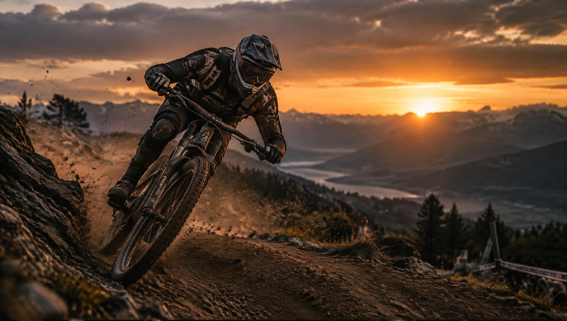 Ciclista de MTB descendo trilha ao pôr do sol